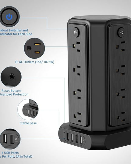 Surge Protector Power Strip Tower with USB Ports, 15 FT Extension Cord Tower with 16 Widely Spaced Outlets 4 USB Ports, 1080 Joules, Overload Protection, Flat Plug Power Strip for Home, Office, Black