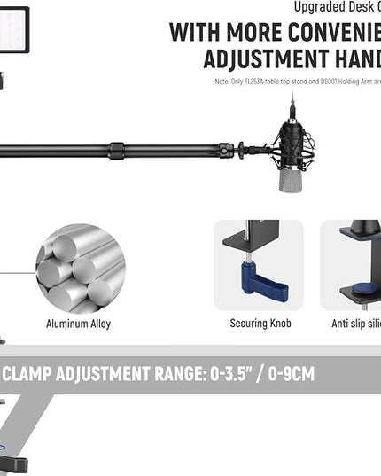 NEEWER Desk Stand with 2 Telescopic Boom Arms Phone Holder for Mic Camera Webcam Ring Light, Desktop Overhead Microphone Mount with C Clamp, Ball Heads, Screw Adapter, Cleaning Cloth, TL253A+DS001