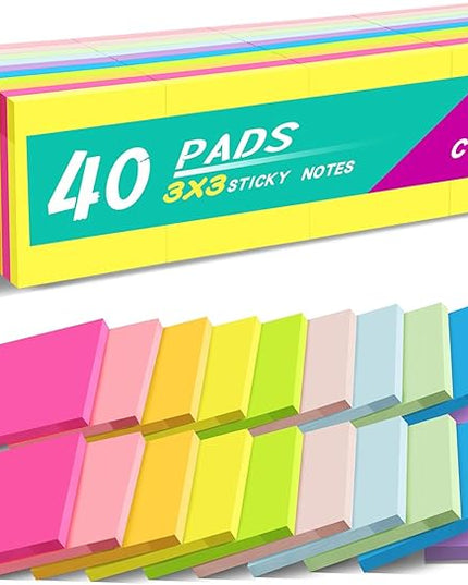 (40 Pads) Sticky Notes 3x3 in,Bright Colors Notepads,Colorful Stickies,Super Sticking Power,Memo Note Pads,Post on Windows Doors,Office,School,Strong Adhesive,Recyclable,Easy to Write on,Hold Well