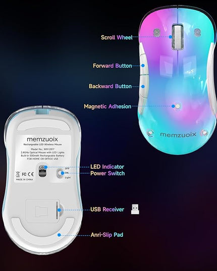 memzuoix 2.4G LED Wireless Mouse, Rechargeable Ergonomic Mouse with Detachable Cover, 1400 DPI Portable Optical Computer Mouse with USB Receiver for Laptop, PC, Desktop and MacBook, 5 Buttons-Blue