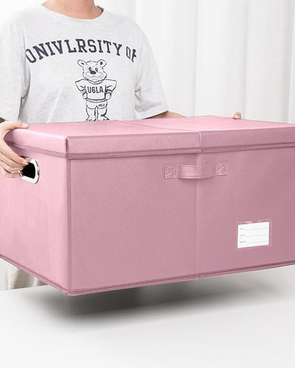 PRANDOM Collapsible Storage Box with Lid [3-Pack] Leather Fabric Foldable Storage Bin Organizer Container Basket Cube with Cover for Home Bedroom Closet Office Nursery Pink(22.8X15.7X11.8)