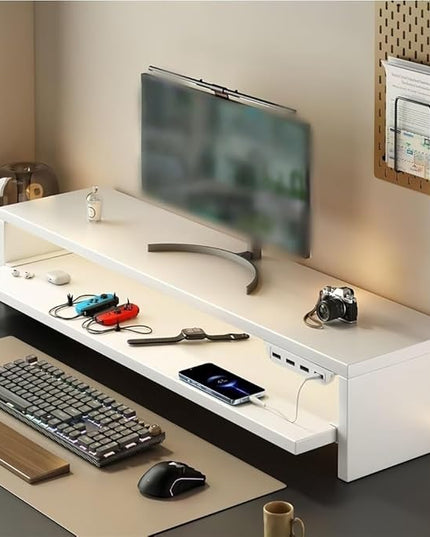 Wooden Monitor Stand Riser with Charging Ports, Dual-Layer Computer Stand, MDF Desktop Organizer for Computer, Laptop, Printer, TV, Easy Assembly Monitor Shelf of Desk(White,100x20x15cm)