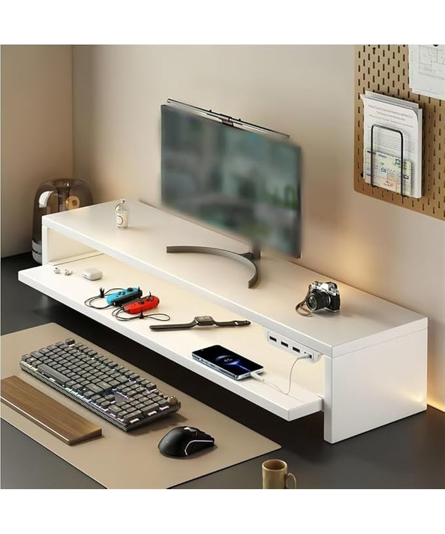 Wooden Monitor Stand Riser with Charging Ports, Dual-Layer Computer Stand, MDF Desktop Organizer for Computer, Laptop, Printer, TV, Easy Assembly Monitor Shelf of Desk(White,50x20x15cm)