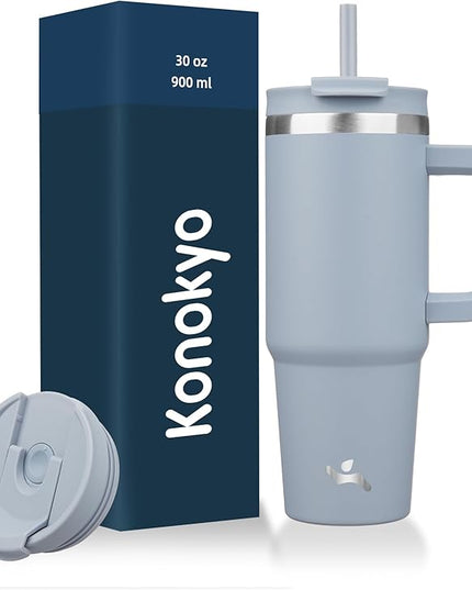 30 oz Tumbler with Handle and 2 Straws,2 in 1 Lid Insulated Water Bottle Stainless Steel Travel Coffee Mug,Lavender