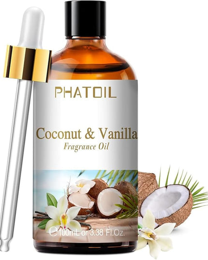 100ML/3.38fl.oz Coconut & Vanilla Fragrance Oils, PHATOIL Coconut & Vanilla Oil for Diffuser, Humidifier, Scented Oils for DIY Soap, Candle Making with Premium Glass Dropper