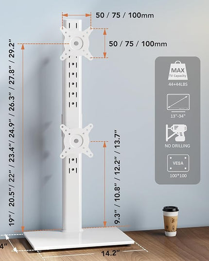 Dual Monitor Stand - Vertical Stack Screen Free-Standing Monitor Riser Fits Two 13 to 34 Inch Screen with Swivel, Tilt, Height Adjustable, Holds One (1) Screen up to 44Lbs HT05W-002 White