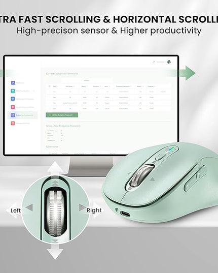 Wireless Bluetooth Mouse for Laptop,USB+BT×2,Quiet Ergo Computer Mouses,Metal 4-Way Super Scrolling,± 3200 DPI,Rechargeable,10 Button,Plug&Play,Multi Device Cordless Mice for iPad,Tablet,Mac,PC(Green)