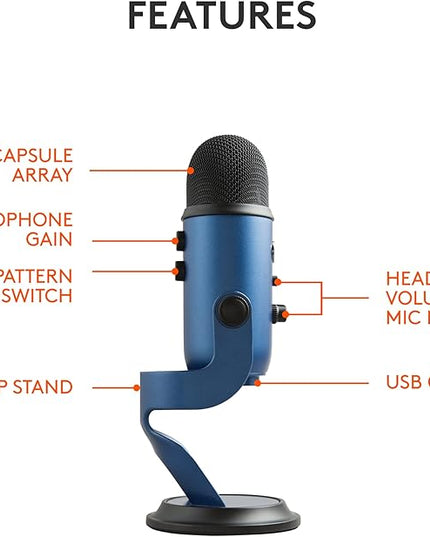 Logitech Creators Blue Yeti USB Microphone for Gaming, Streaming, Podcast, YouTube, Discord, PC, Studio Sound, Plug & Play-Midnight Blue