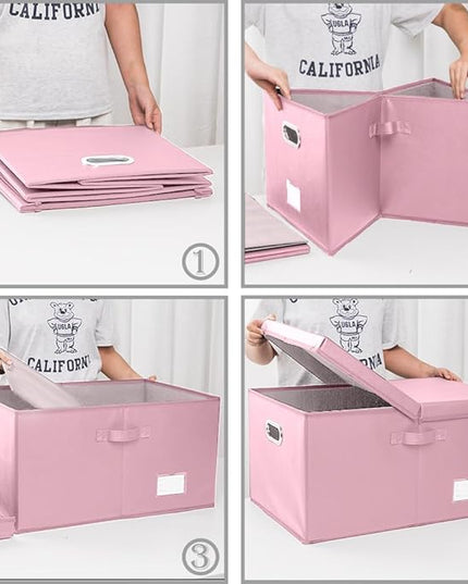 PRANDOM Collapsible Storage Box with Lid [3-Pack] Leather Fabric Foldable Storage Bin Organizer Container Basket Cube with Cover for Home Bedroom Closet Office Nursery Pink(22.8X15.7X11.8)