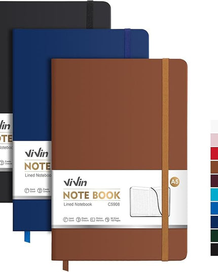 ViVin Lined Journal Notebooks, 3 Pack, (Black, Navy, Brown), 192 Pages, Medium 5.5 x 8.3 inch, College Ruled, A5 Hardcover Notebooks, Journaling Notebooks for Work, Writing, School