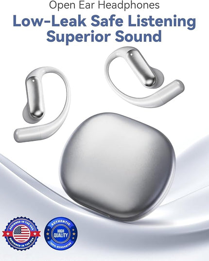 Wentronic Open Ear Headphones, Wireless Earbuds Bluetooth 5.4 with Digital Display, Secure Earhook, 48H Playtime, Enhanced Sound, Clear Calls, IP55 Waterproof Ultra-Light Sports Headphones - Silver