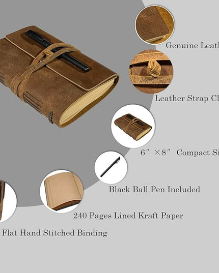 Brown Notebook Journal - Best Genuine Cool Leather Journaling for writers A5 Size Diary 6.2x8.5 Inch,Notepad For Man and Women, Vintage,Gifts,Work,Traveler,Personal