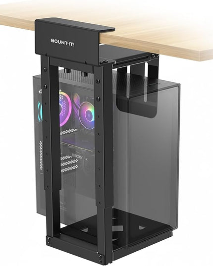 Mount-It! Under Desk PC Mount for Standing Desk, Heavy-Duty Clamp-On CPU Holder, Adjustable Computer Tower Mount for Desk, No-Drill, 66 lb Capacity, Fits Mid & Full Towers
