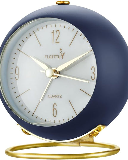 FLOITTUY Silent Table Analog Alarm Clock No Ticking, Lighted on Demand and Battery Operated, Beep Sounds, Small Desk Clock(Navy Blue)