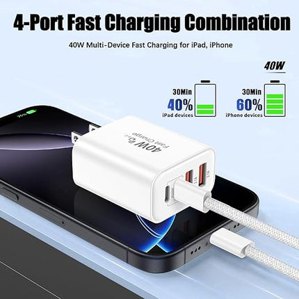 iPhone 17 16 Charger,4-Port USB C Charger Block Fast Charging 2Pack 40W Apple Wall Charger with 10FT USB C to C Woven Braid Cable Cord for iPhone 17 Pro Max/17 Pro/17/Air/16e/16 Pro Max/16 Plus/15