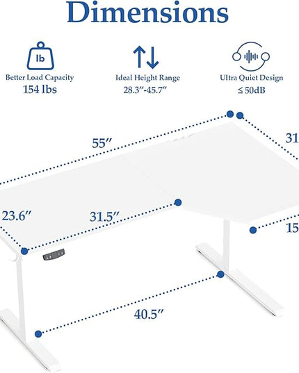 Klicelor 55 Inch L Shaped Standing Desk, Adjustable Height Corner Desk for Home Office Workstation, Sit Stand Desk with Two-Piece Desktop, White