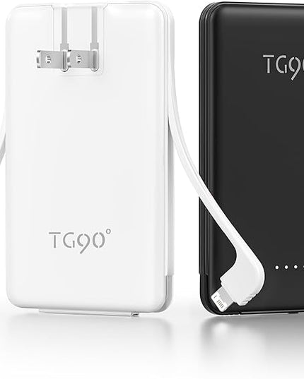 TG90° 2 Pack 5000mAh Portable Charger,Small Power Bank Built-in AC Plug and Cables,Pocket Size USB C External Battery Pack Compatible with iPhone 17 16 15 14 Samsung Google iPad,Black & White