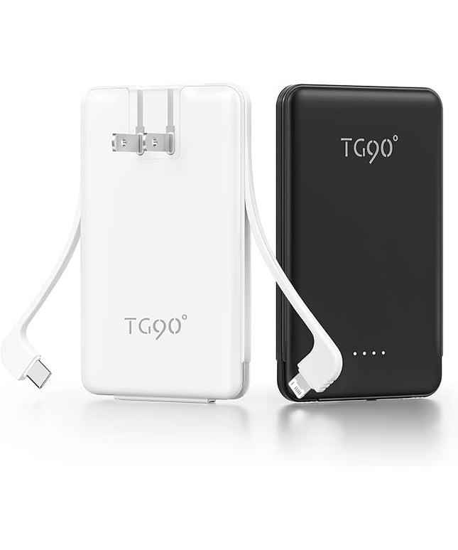 TG90° 2 Pack 5000mAh Portable Charger,Small Power Bank Built-in AC Plug and Cables,Pocket Size USB C External Battery Pack Compatible with iPhone 17 16 15 14 Samsung Google iPad,Black & White