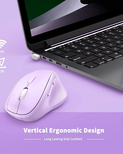 Ergonomic Wireless Mouse with USB Receiver for PC Computer, Laptop and Desktop, Ergo Mouse Vertical with Silent Clicks Long Battery Life, Up to 1600 DPI & 1 AA Battery Powered, Purple