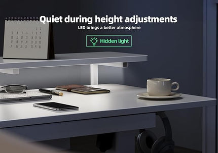 Claiks 63" L Shaped Standing Desk with Drawers and LED Lights, Height Adjustable Electric Corner Standing Desk with Monitor Stand & Power Outlet, 4 Memory Preset, White