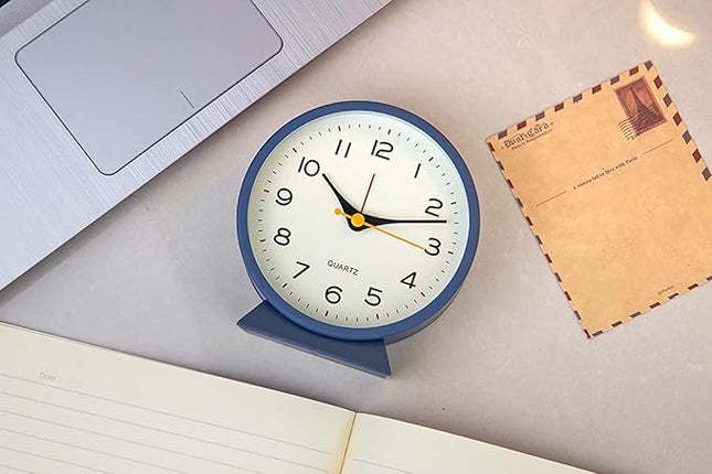 SHISEDECO 4.5" Battery Operated Antique Retro Analog Alarm Clock, Small Silent Bedside Deskclock with Light Function, Non-Ticking Tableclock for Living Room, Bedroom, Bedside, Shelf (Navy Blue)