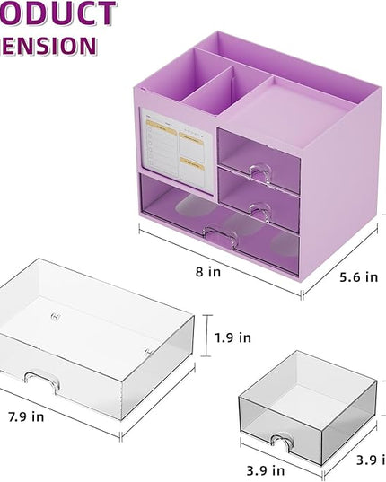 Marbrasse Desk Organizer with 3 Drawer, Multi-Functional Pencil Pen Holder, Desk Organizers and Accessories with 4 Compartments,Desktop Organizer Storage for Office Home Art Supplies (Purple)