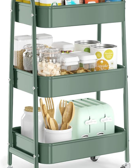 EAGMAK 3 Tier Utility Rolling Cart, Metal Storage Cart with Handle and Lockable Wheels, Multifunctional Storage Organizer Trolley with Mesh Baskets for Kitchen, Living Room, Office, Garage (Jungle)