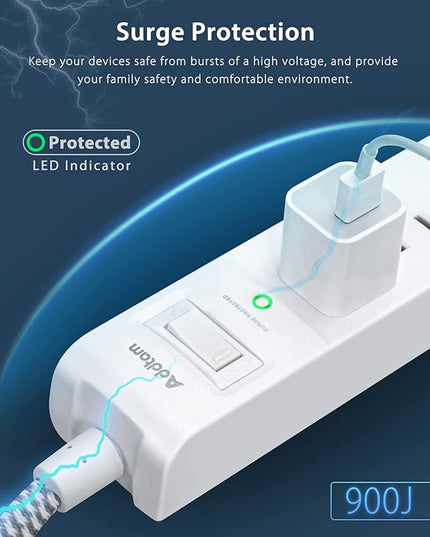2 Pack Power Strip Surge Protector - 5 Widely Spaced Outlets 3 USB Charging Ports, 1875W/15A with 5Ft Braided Extension Cord, Flat Plug, Overload Surge Protection, Wall Mount for Home Office,White