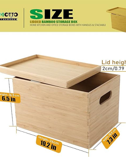 BAMOTTO Lidded Bamboo Storage Bins & Box/Cube/Basket, Home Kitchen and Office Storage Boxes with Handles & Stackable for Organizer Tableware, Clothing, Toys, Office Shelf Books, 10.2”x7.3”x6.5”
