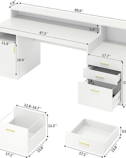 Computer Desk with 3 Drawer & Storage Shelves, Home Office Desk with File Drawer & Cabinet, Writing Study Table with Long Monitor Stand & Printer Shelf, Executive Desk, White