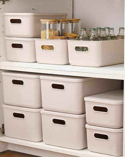 Plastic Storage Baskets With Lid Organizing Container Lidded Knit Storage Organizer Bins for Shelves Drawers Desktop Closet Playroom Classroom Office (M+2S, Light grey)