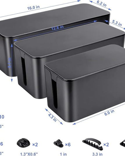Cable Organizer Box Set of Three, Power Cover Cord Holder Surge Protector for Desk (Black)