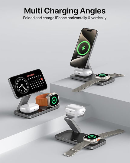 Foldable 3 in 1 Wireless Charging Station for Apple Compatible with Magsafe Charger Stand,Magnetic Wireless Charger Station for iPhone 17 Air16 15 14 13 12 Series,Airpods Pro,Apple Watch(Black)