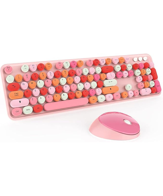 KOOTOP Cute Pink Wireless Keyboard and Mouse, 2.4G Retro Round Keycap for PC, Mac, Laptop, Tablet, Computer Windows