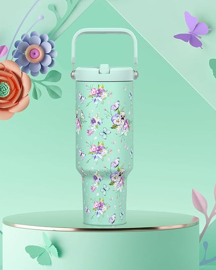 40 oz Tumbler with Handle and Straw, Vacuum Insulated Tumblers with Flip Straw and Top Handle, Reusable Insulated Cup for Home, Outdoors, Leakproof, Fits in Cup Holder, Cold for 30 Hours