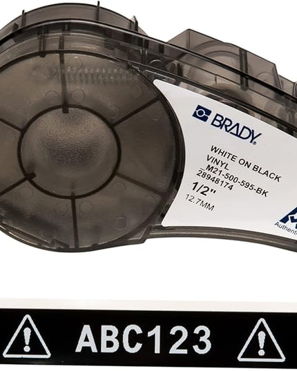 Brady Authentic (M21-500-595-BK) All-Weather Vinyl Label for Indoor/Outdoor ID, Lab and Equipment Labeling, White on Black- For M210, M210-LAB, M211, BMP21-PLUS and BMP21-LAB Printers, .5" W, 21' L