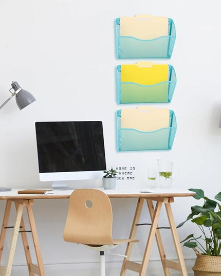 EASEPRES 3 Single Pocket Mesh Hanging File Organizer, Vertical Wall Mounted Magazine File Holder, Mount Basket Mail Paper Document Folder Organizing for Office, Home and School, Blue