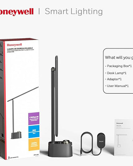 Honeywell Sunturalux™ LED Desk Lamp with USB Charging Ports HWT-H01 - Stepless Dimmable Eye Caring Desk Light for Home Office Bedroom Bedside College Dorm, Foldable Table Lamp Reading Lamp Black