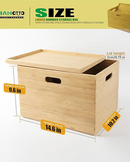 BAMOTTO Lidded Bamboo Storage Bins & Box/Cube/Basket, Home Kitchen and Office Storage Boxes with Handles & Stackable for Organizer Tableware, Crafts, Office Shelf Books, Large, 14.6”x10.2”x9.6”