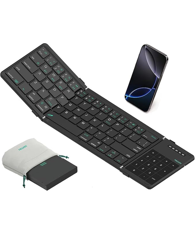 Nillkin Upgraded Foldable Bluetooth Keyboard with Touchpad & Number Pad, Portable Wireless Keyboard for Travel, Pocket-Sized, Full Size Keys, Support 3 Devices for iPad Laptop Tablets Phone, Black