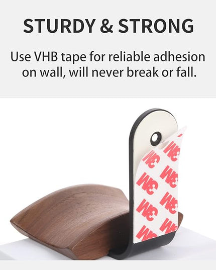 Walnut Wood Headphone Wall Mount Holder, with VHB Adhesive Tape and Screw, Holds 10 lbs (Black & Walnut Wood)