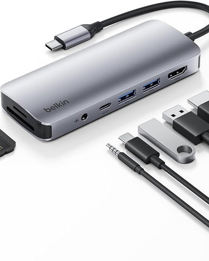 Belkin USB-C Hub, 7-in-1 Multiport Adapter - USB Docking Station with 4K HDMI, USB-C PD 3.0 Port, 2 x USB-A 3.1 Ports, SD Card & MicroSD Card Slots, & 3.5mm Audio Jack for MacBook, Air, iPad Pro, XPS
