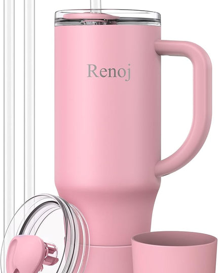 Renoj Tumbler with Handle 100% Spill Resistant Insulated Water Bottle for Iced Coffee & Hot Drinks - Fits Car Cup Holder, Ideal Gift, 2 Straws & Silicone Boot BPA-Free - FlexSlide Pink 32 oz