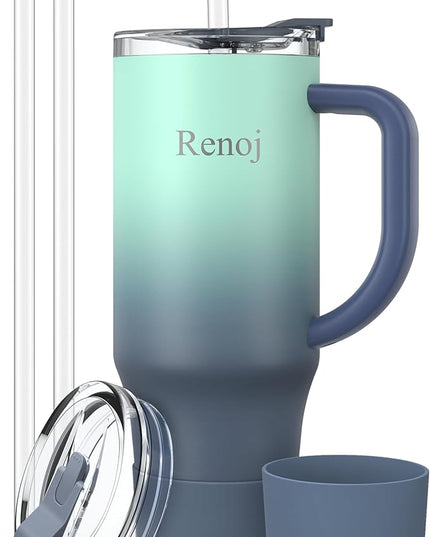 Renoj Tumbler with Handle 100% Leak Proof Insulated Water Bottle for Iced Coffee & Hot Drinks - Fits Car Cup Holder, Ideal Gift, 2 Straws & Silicone Boot BPA-Free - SnapShift Blue Gradient 32 oz