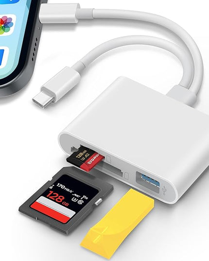 SD Card Reader for iPhone iPad Lightening USB-C Dual Connector Memory Card Adapter with Dual Slots & USB Port Trail Camera Viewer for Mac MacBook Pro/Air/Mini Android Laptop