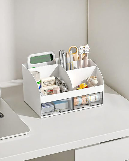 Desk Organizer with 6 Compartments and 2 Drawers, Plastic Makeup Organizer, Pen Holder for Desktop Storage, Desk Organization for School, Home, Office Supplies (White-2Pack)