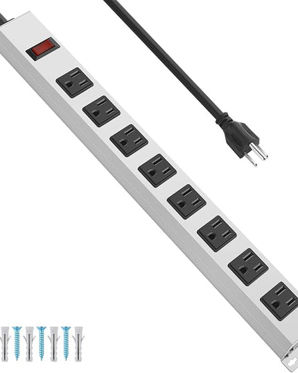 JUNNUJ Metal 8 Outlet Power Strip, Mountable Heavy Duty Power Strip, 1200J Surge Protector Wall Mount Screws Outlet with Switch, Gaming Desk Strips Wide Spaced 15A 125V 1875W, 3 FT 14AWG Power Cord
