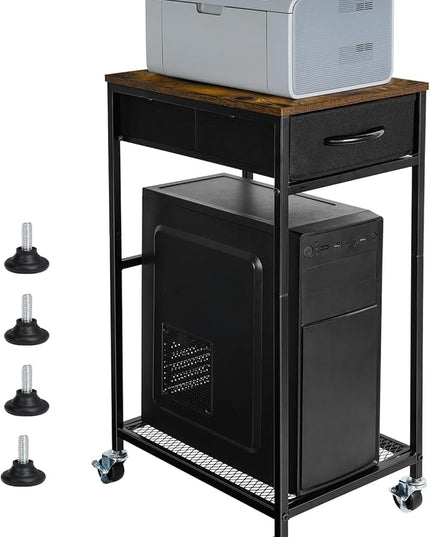 YBING Computer Tower Stand PC Tower Stand with Storage Drawer Mobile CPU Holder Stand with Caster Wheels 2 Tier Rolling Computer Tower Cart for Home Office Fax, Rustic Brown
