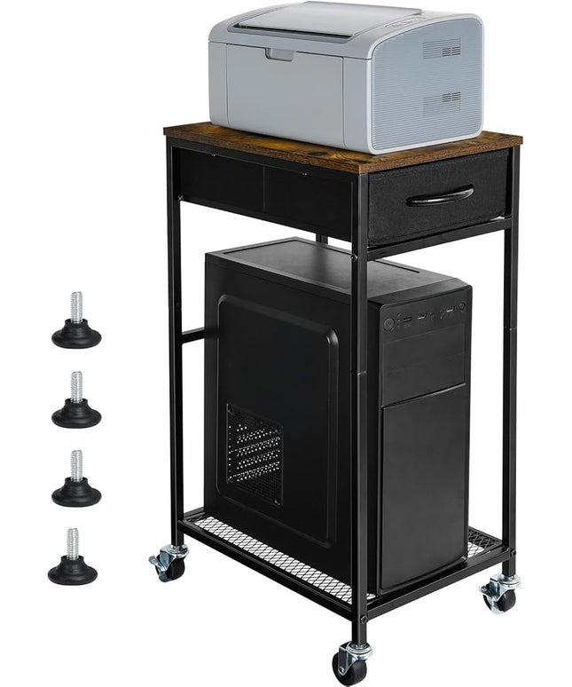 YBING Computer Tower Stand PC Tower Stand with Storage Drawer Mobile CPU Holder Stand with Caster Wheels 2 Tier Rolling Computer Tower Cart for Home Office Fax, Rustic Brown