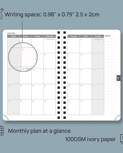 POPRUN 2026 Pocket Planner, (Small Size-4'' x 6.25'') - Daily Weekly and Monthly Calendar Agenda 2026 Appointment Book with Monthly Tabs, Spiral Soft Cover, Inner Pocket, 100 GSM - Soft Pink